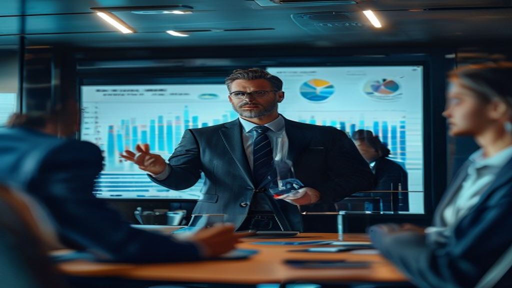 Executive presenting quarterly business review with financial charts